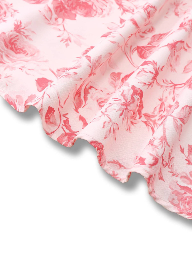 Robe trapèze rose à col en cœur et roses années 1950