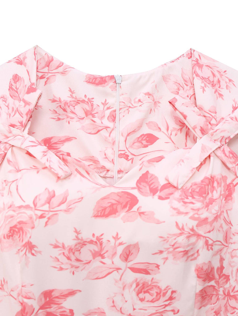 Robe trapèze rose à col en cœur et roses années 1950