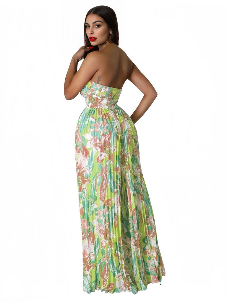 Combinaison verte fleur plissée creuse sans bretelles années 1960