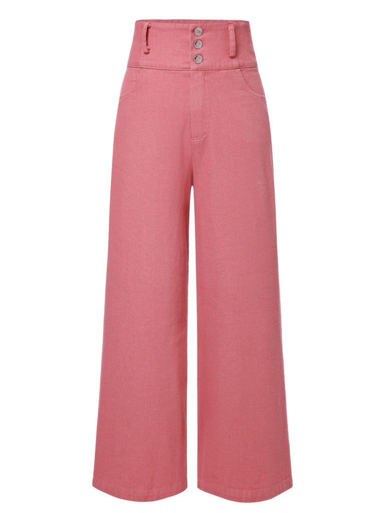 Pantalon rose coton en à boutons des années 1950