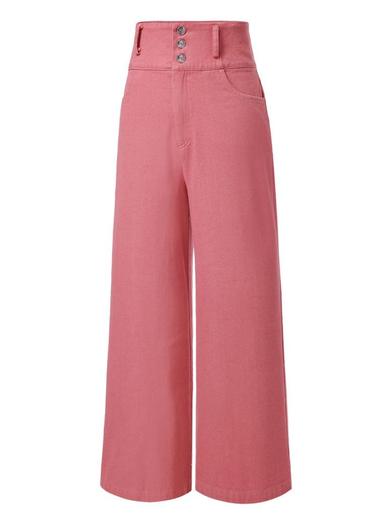 Pantalon rose coton en à boutons des années 1950