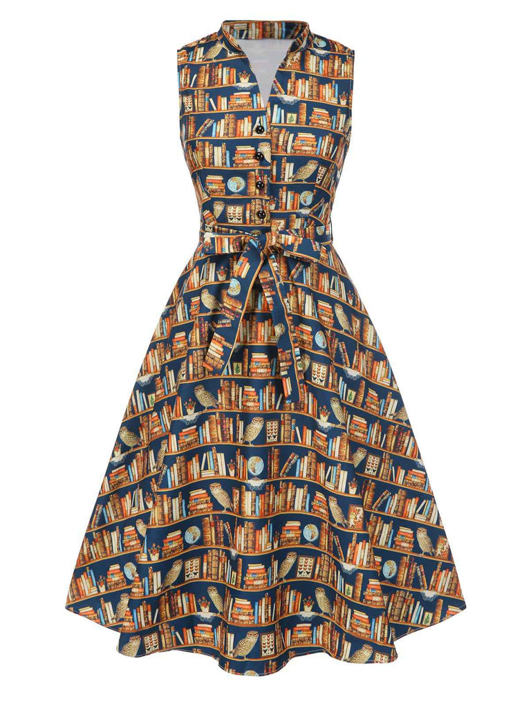 Robe multicolore lacets et imprimé bibliothèque années 1950