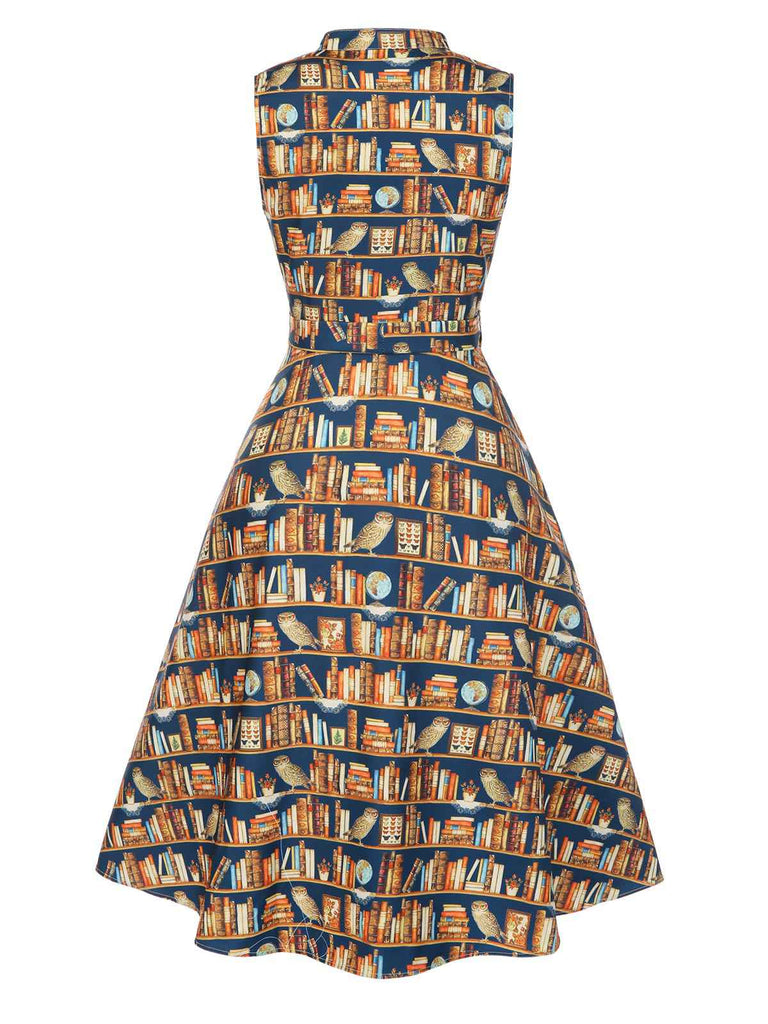 Robe multicolore lacets et imprimé bibliothèque années 1950