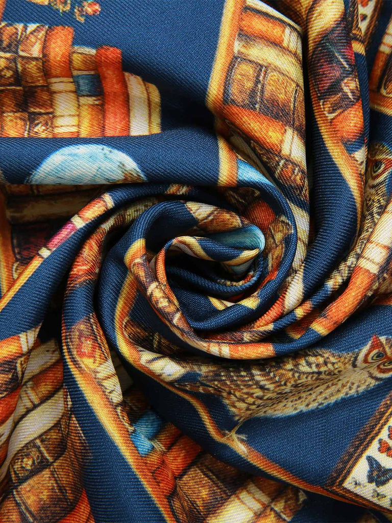 Robe multicolore lacets et imprimé bibliothèque années 1950