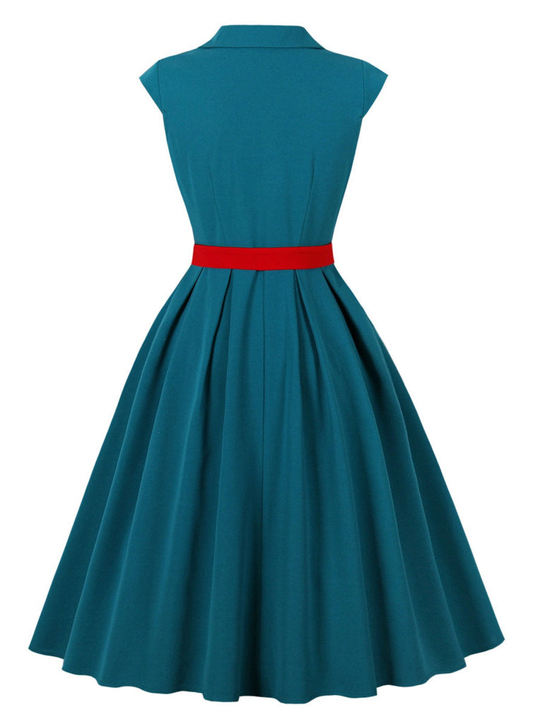 Robe bleue à manches courtes et revers ceinture années 1950