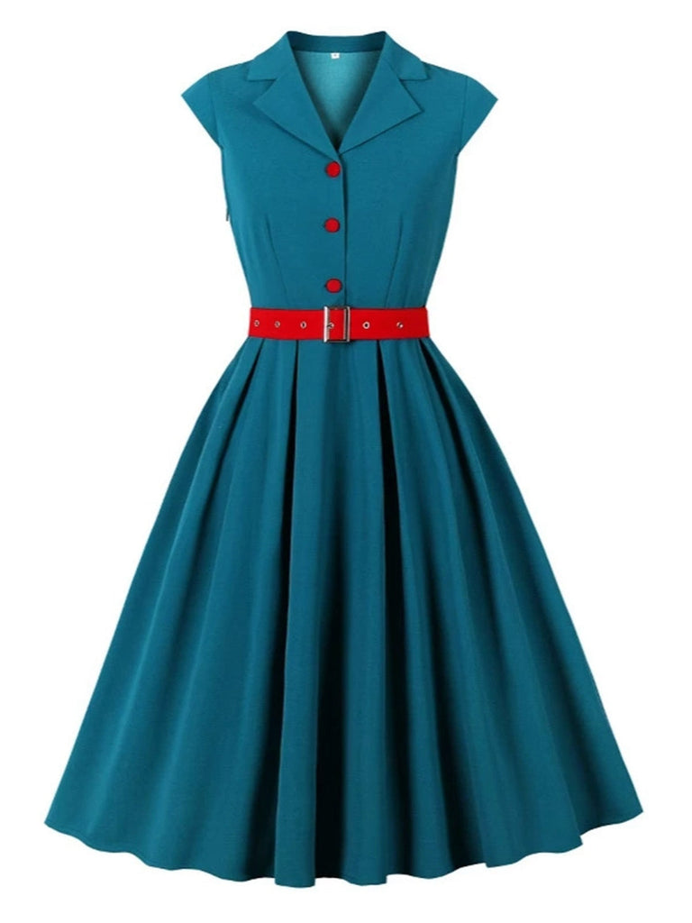 Robe bleue à manches courtes et revers ceinture années 1950