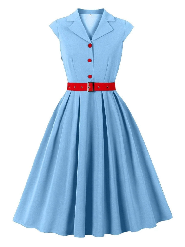 Robe bleue à manches courtes et revers ceinture années 1950
