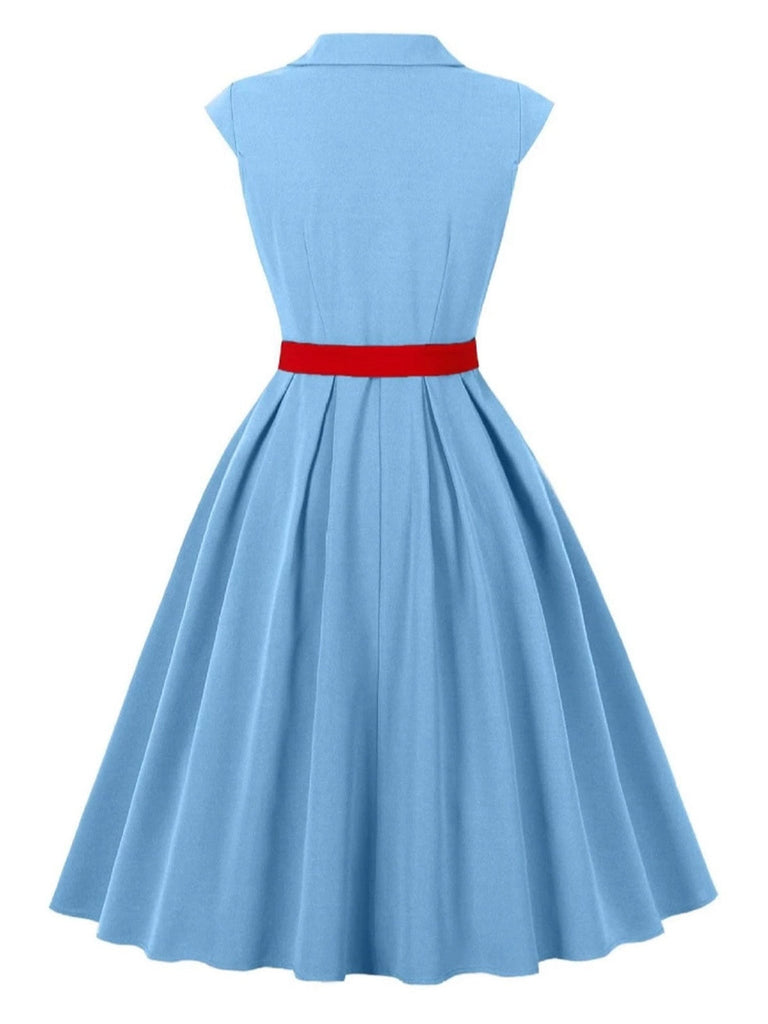 Robe bleue à manches courtes et revers ceinture années 1950