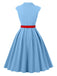 Robe bleue à manches courtes et revers ceinture années 1950