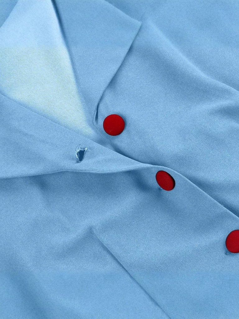 Robe bleue à manches courtes et revers ceinture années 1950