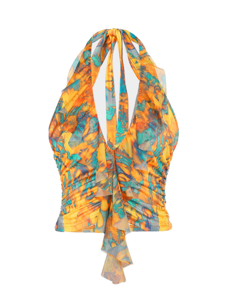 Haut froncé jaune dos nu motif flammes des années 1960