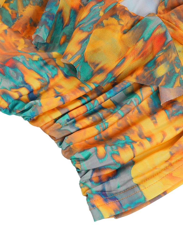 Haut froncé jaune dos nu motif flammes des années 1960