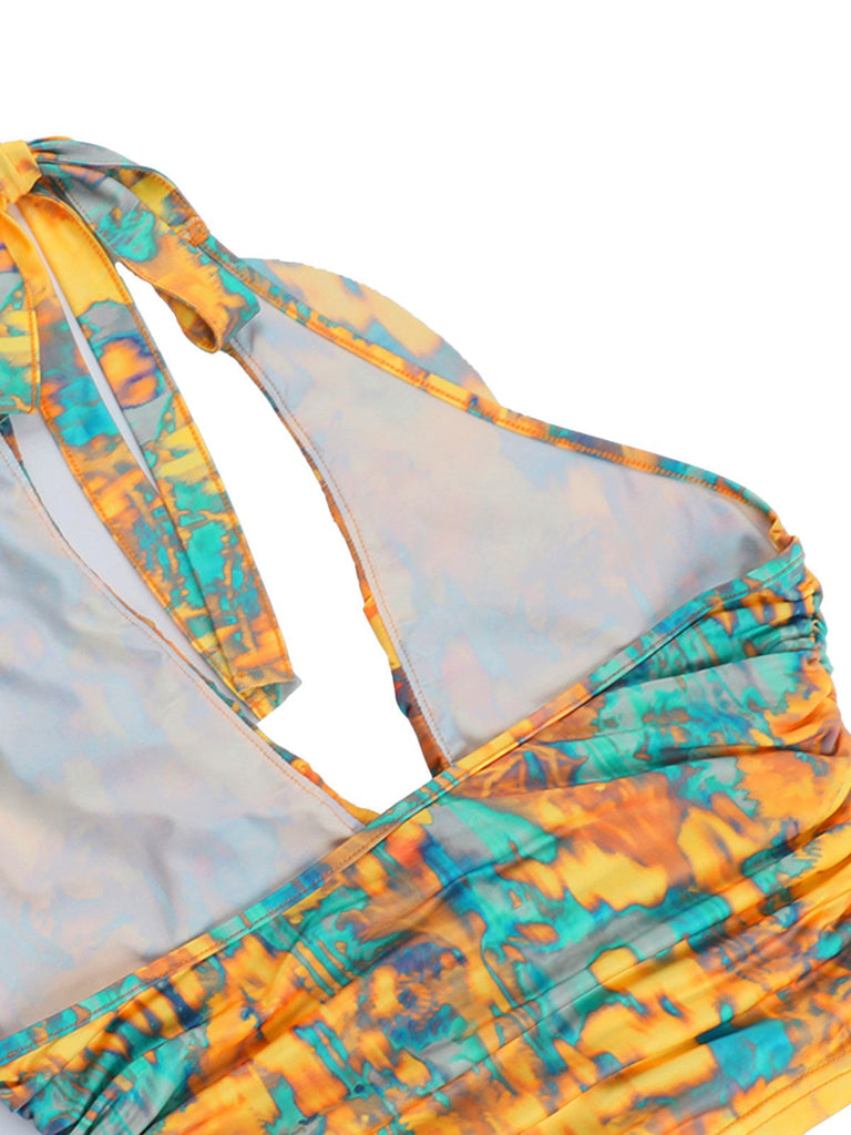 Haut froncé jaune dos nu motif flammes des années 1960