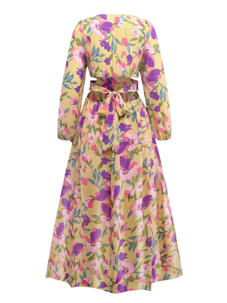 Robe jaune fleur à volants et col en V profond années 1930