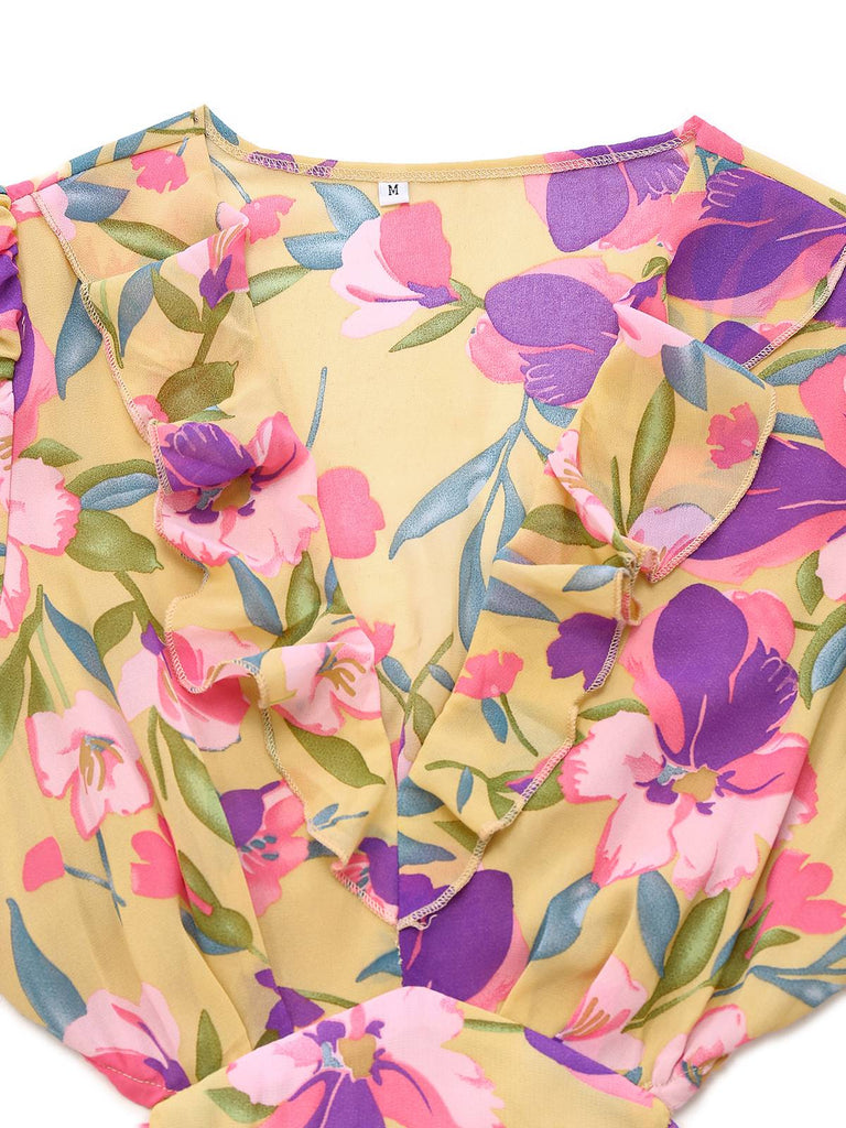 Robe jaune fleur à volants et col en V profond années 1930