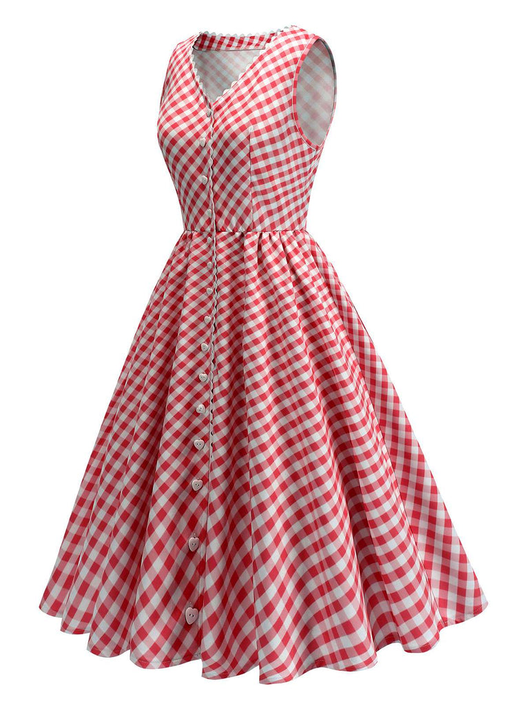 Robe rouge à carreaux vichy et col en V des années 1950