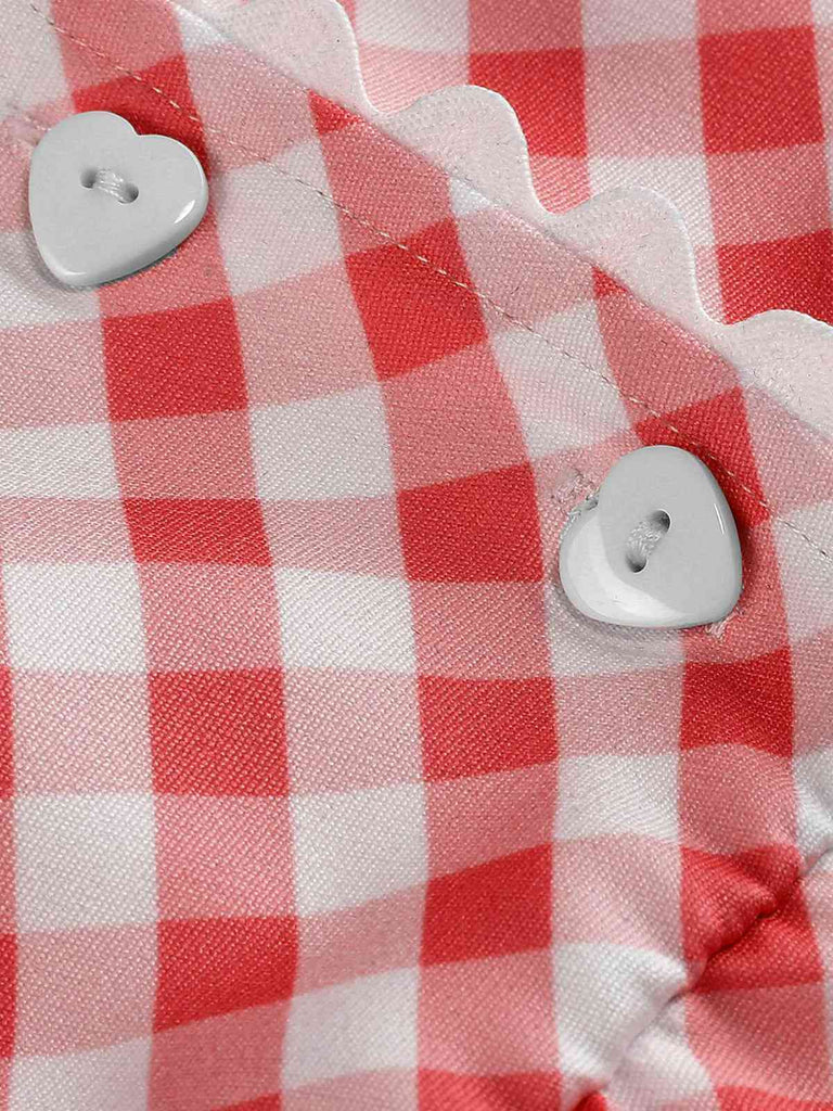 Robe rouge à carreaux vichy et col en V des années 1950