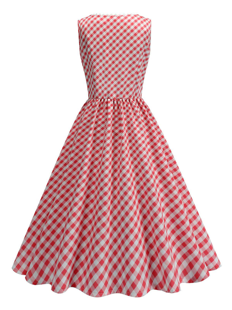 Robe rouge à carreaux vichy et col en V des années 1950