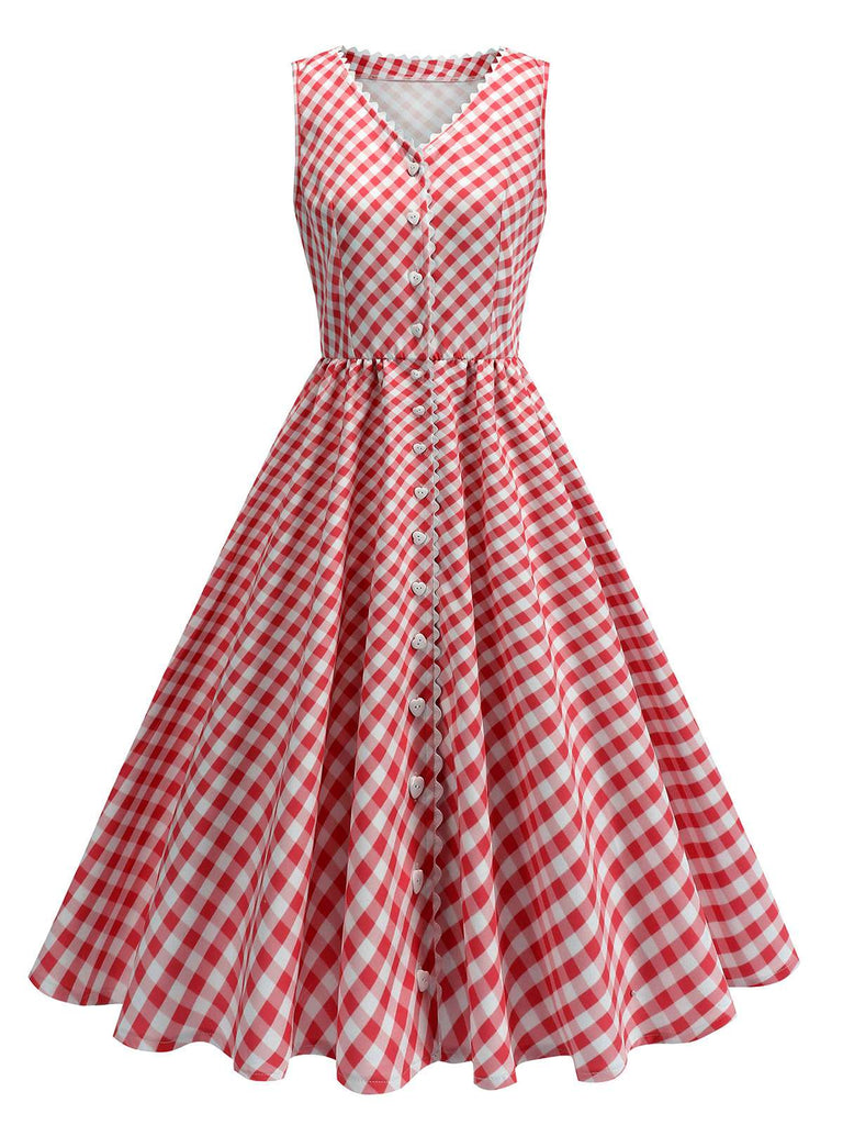 Robe rouge à carreaux vichy et col en V des années 1950