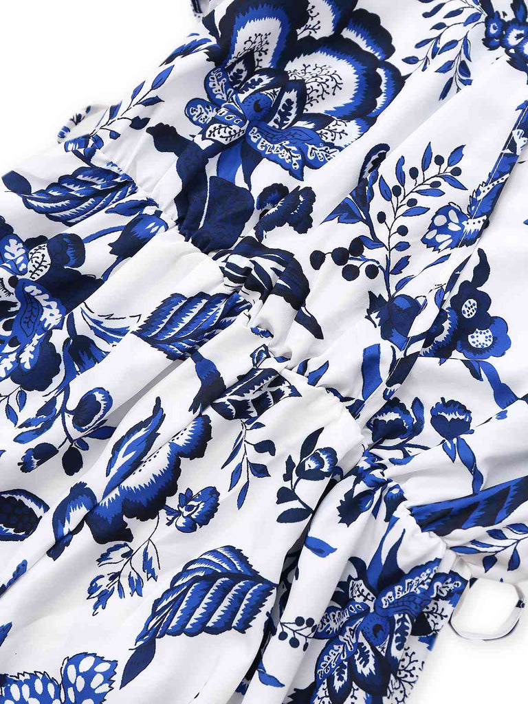 Combishort bleue fleur bleu-blanc-porcelaine ceinture années 1950