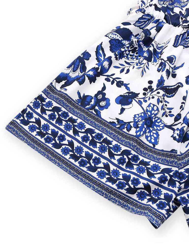 Combishort bleue fleur bleu-blanc-porcelaine ceinture années 1950