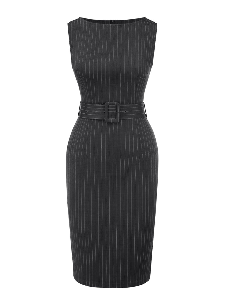 Robe crayon gris foncé à fines rayures années 1960