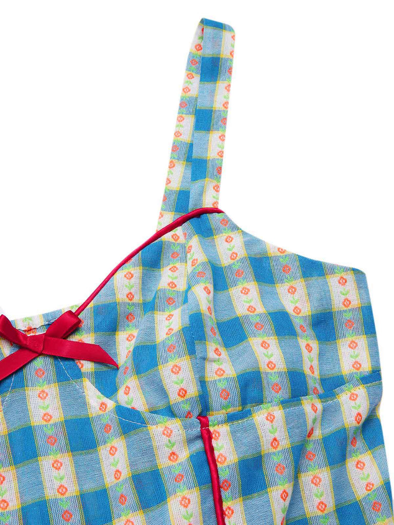 Combishort bleue fleur à carreaux vichy nœud années 1950