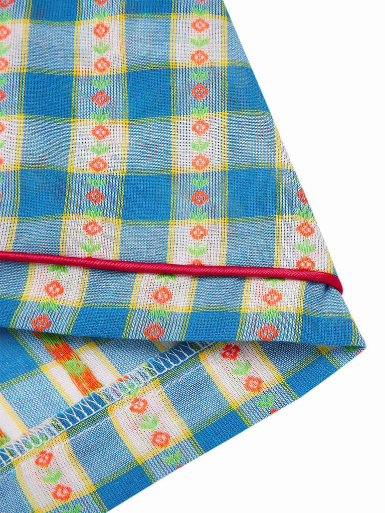 Combishort bleue fleur à carreaux vichy nœud années 1950