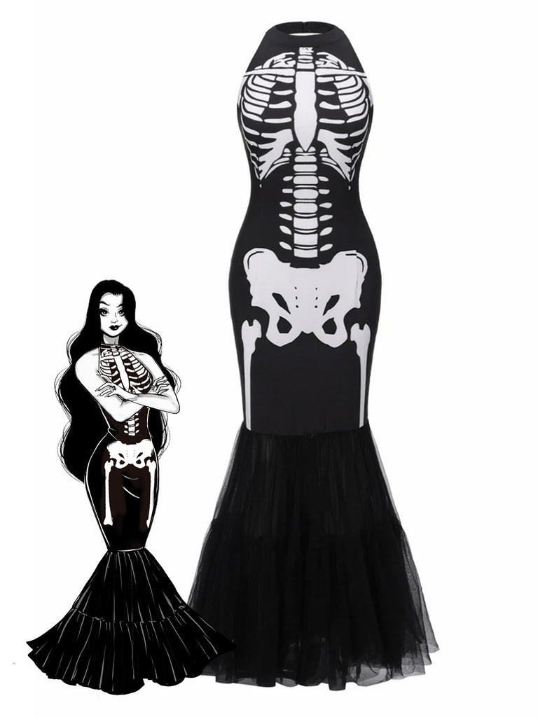 Robe queue de poisson noire et squelette années 1930