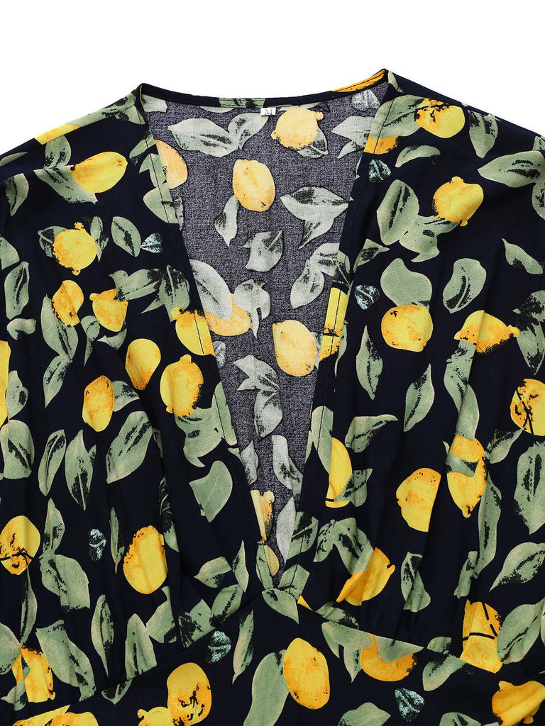 Robe en mousseline de soie jaune citron col V et smocks des années 1950