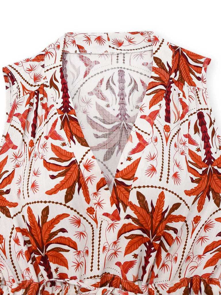 Robe rouge plantes tropicales et revers années 1970