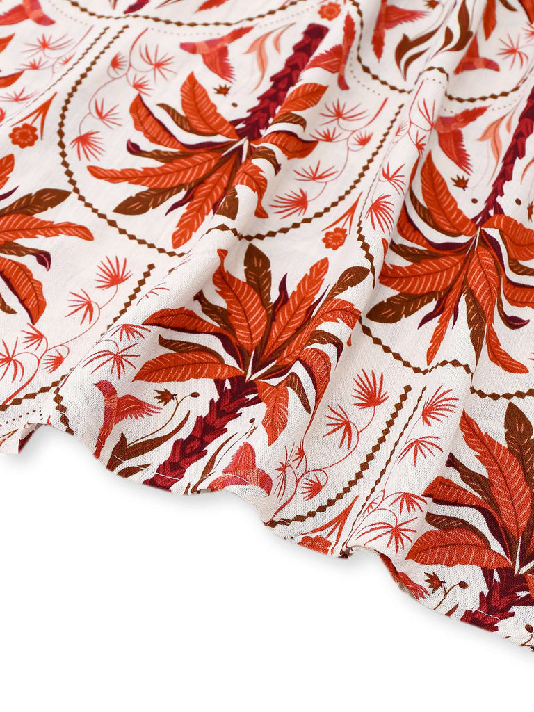 Robe rouge plantes tropicales et revers années 1970