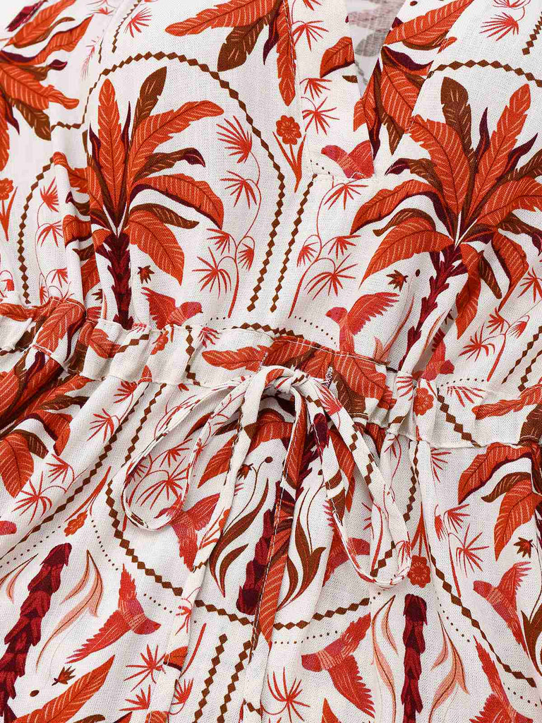 Robe rouge plantes tropicales et revers années 1970