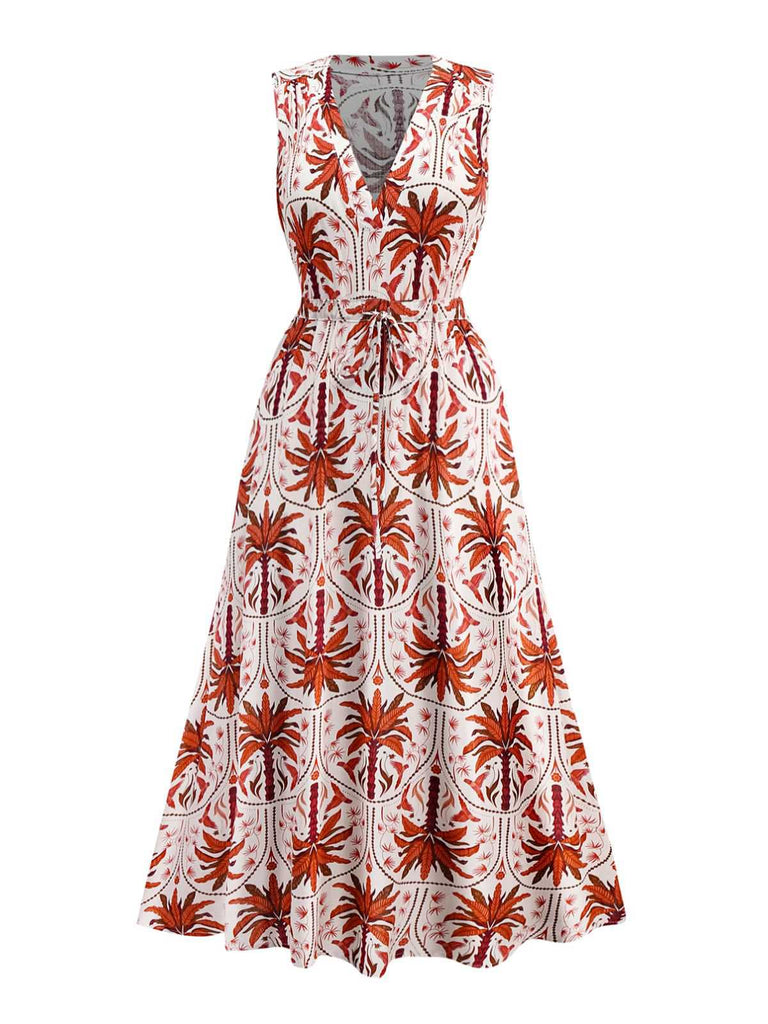 Robe rouge plantes tropicales et revers années 1970