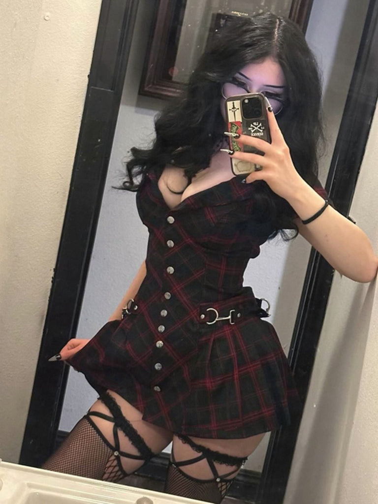 Robe trapèze vin rouge à carreaux style punk années 1960