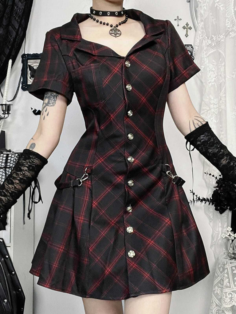 Robe trapèze vin rouge à carreaux style punk années 1960
