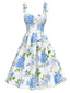 Robe bleue en organza fleur à lacets années 1950