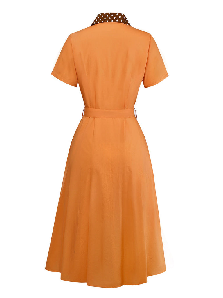 Robe orange à pois en coton et revers années 1940
