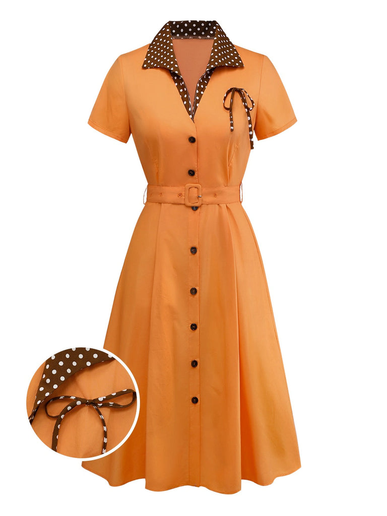 Robe orange à pois en coton et revers années 1940