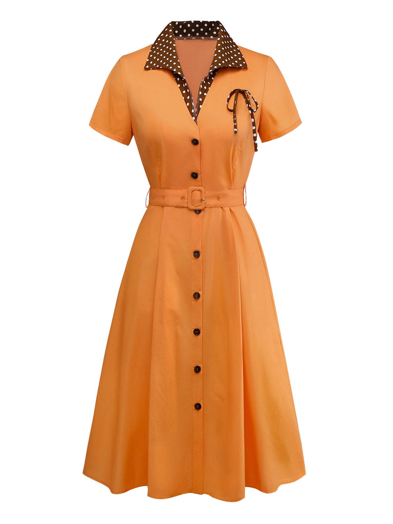 Robe orange à pois en coton et revers années 1940