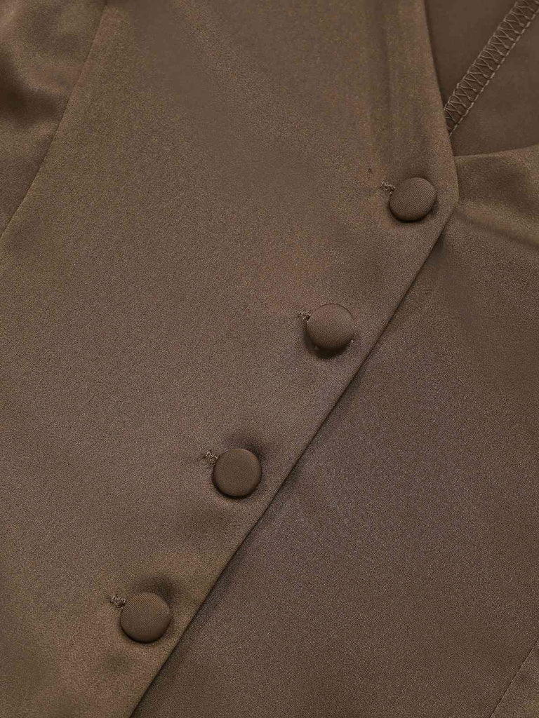 2PCS Gilet col V et jupe sirène en satin marron uni des années 1930
