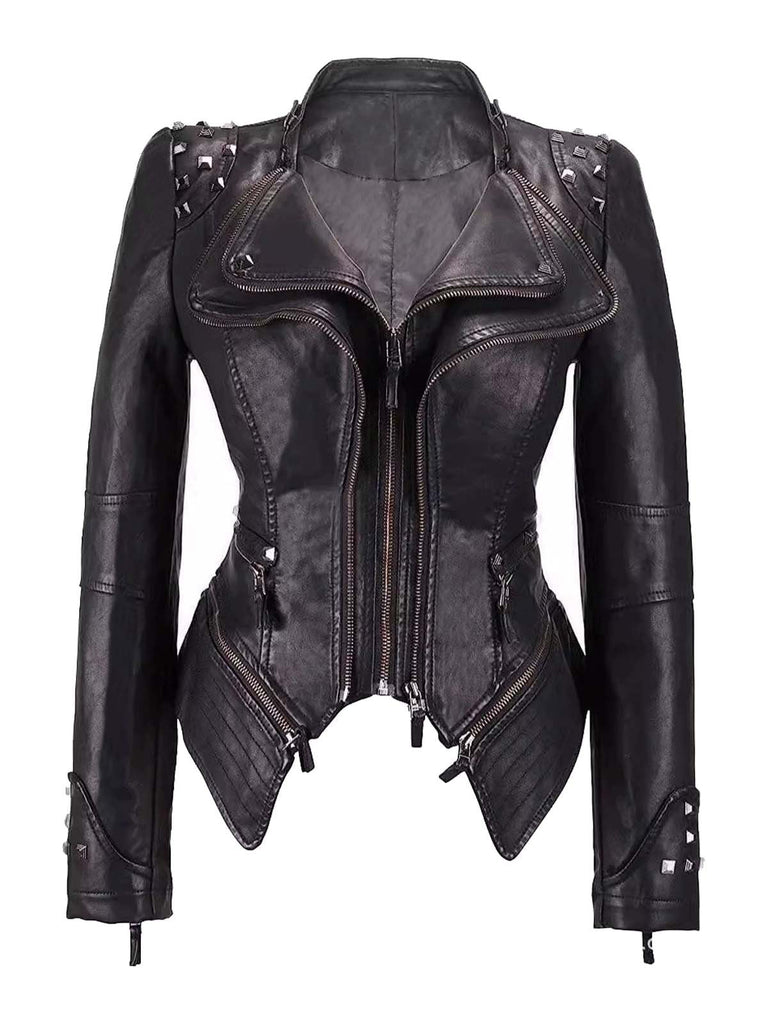 Veste de moto noire à ourlet irrégulier et rivets des années 1980