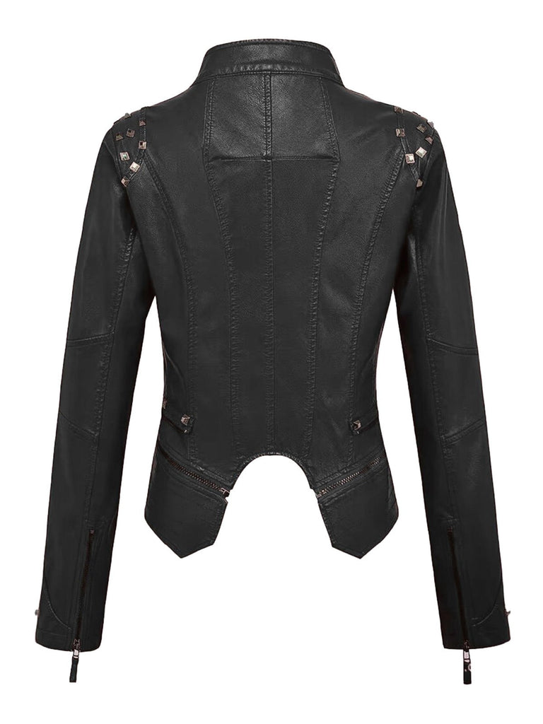 Veste de moto noire à ourlet irrégulier et rivets des années 1980