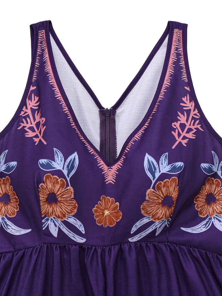 Combinaison bohème florale col en V violet foncé des années 1970