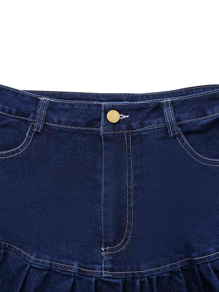 Jupe en jean bleu foncé à volants des années 1960