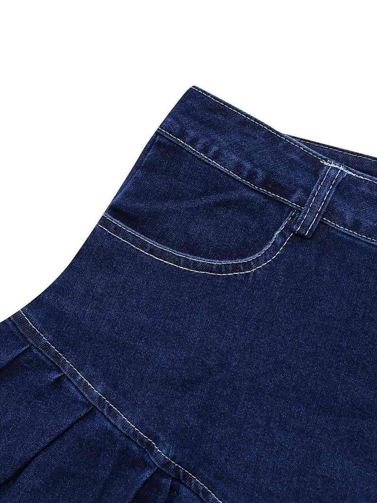 Jupe en jean bleu foncé à volants des années 1960