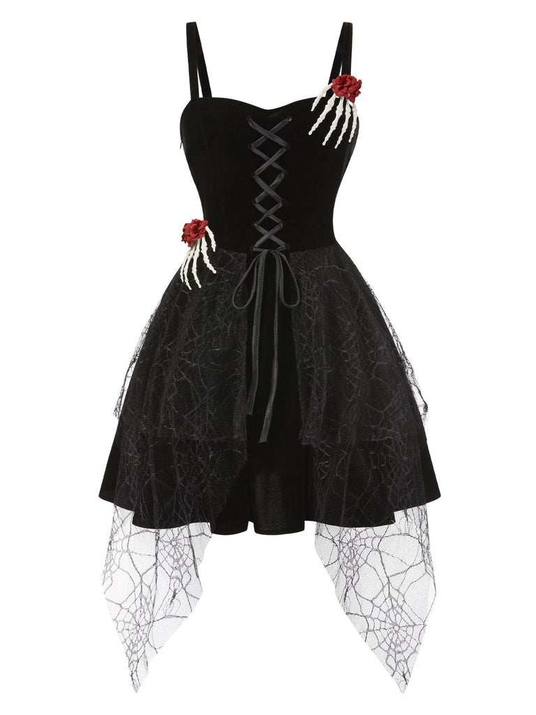 Robe noire d'Halloween avec decor de main de squelette et roses années 1950