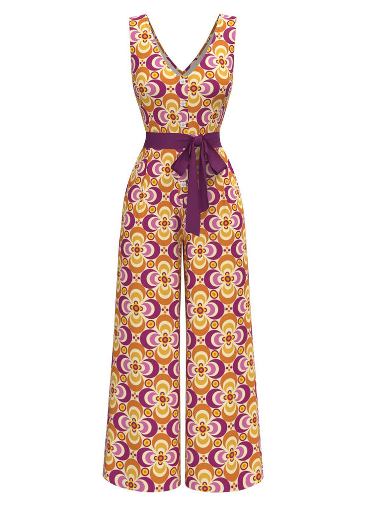 Combinaison orange fleur à col en V années 1960