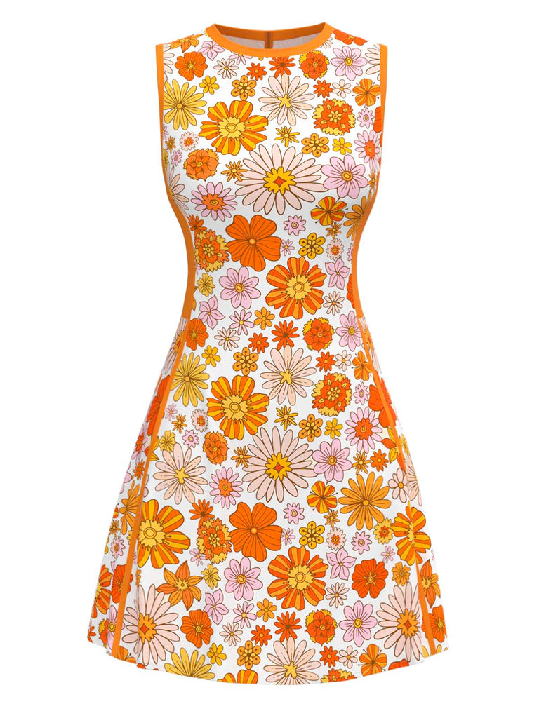 Robe orange marguerites sans manches années 1960