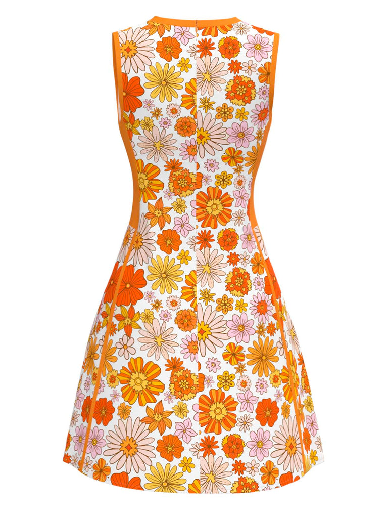 Robe orange marguerites sans manches années 1960